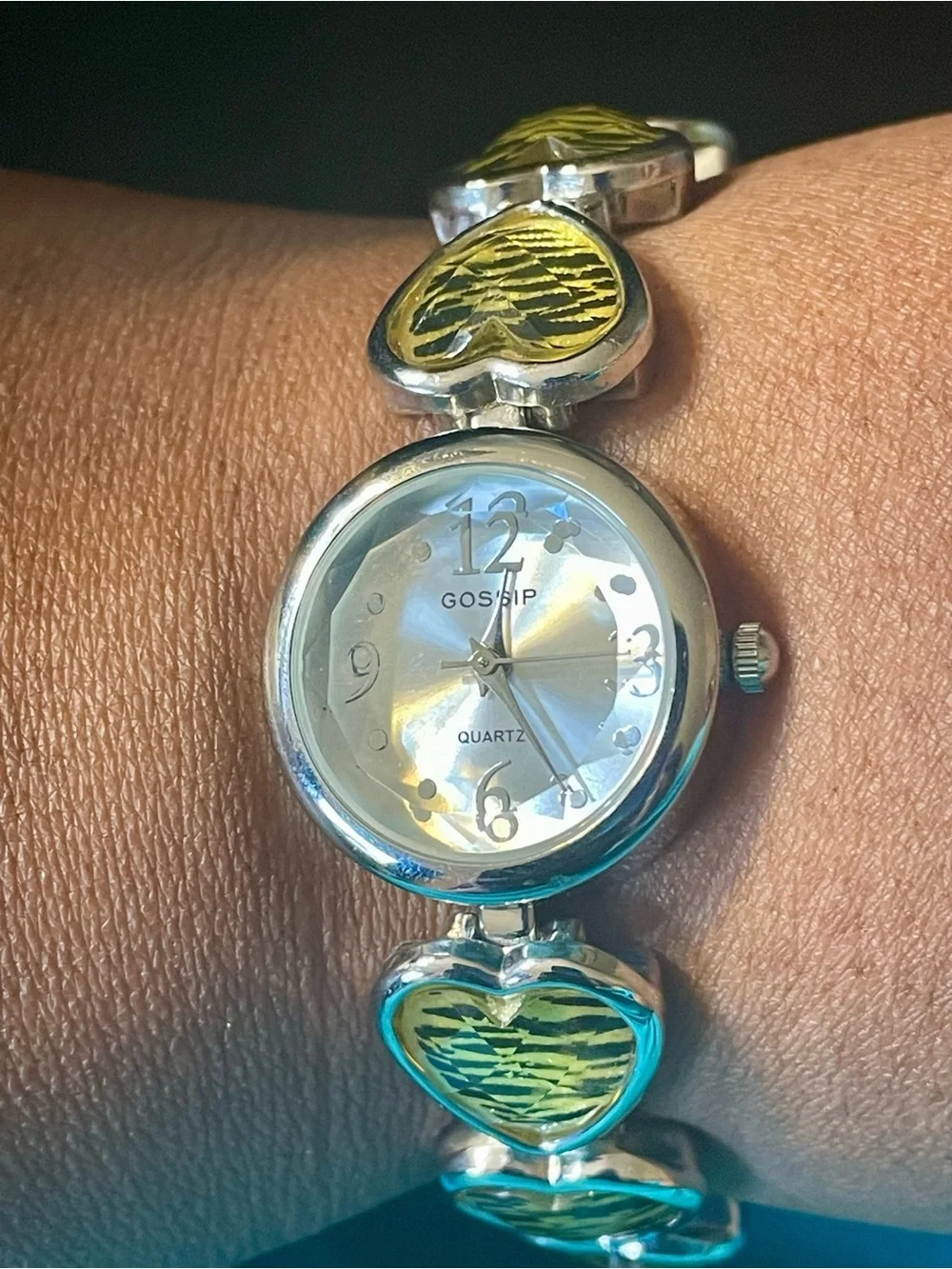 Gossip Silver Bracelet Watch with Yellow Tiger Heart Links. Silver Tone Dial